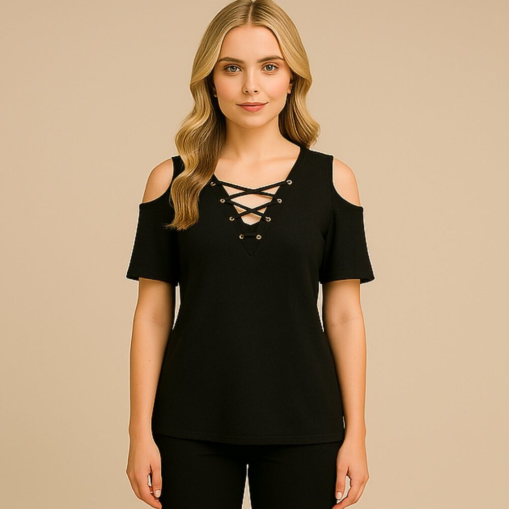 Belldini Cold Shoulder Black Lace-Up Women's Short Sleeve Sweater Size L